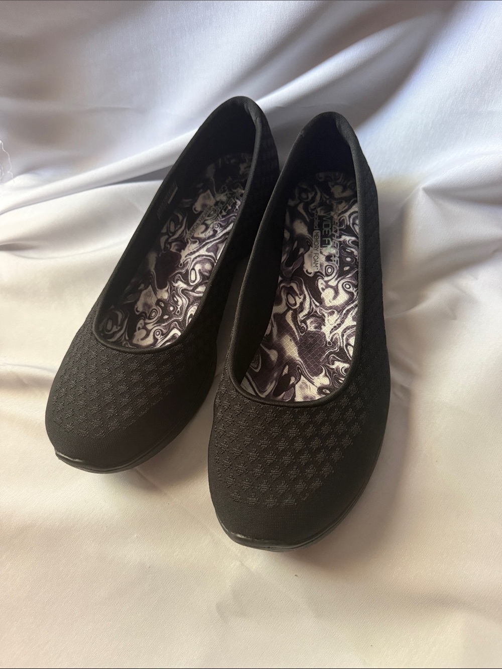 Skechers Black Knit Slip-On Flats with Patterned Insole